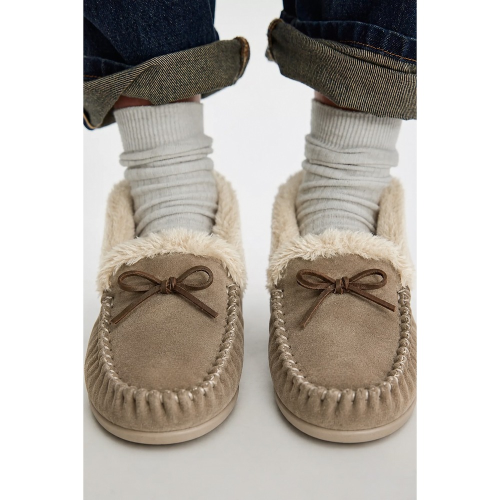 J CREW Women's Tan Suede Lined Slippers Size 9 Faux Fur Lining FA23